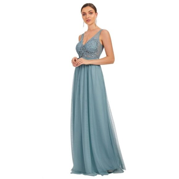 Women Evening Dress Blue Deep V-Neck Tulle Long Dress‎ Party Prom Gown Size 6 - Picture 1 of 15